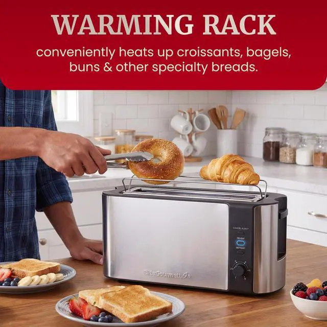Alt view image 3 of 7 - ECT3200 2-Slice, 1 Long Slot, Slim Toaster, Reheat, 6 Toast Settings, Defrost, Cancel Functions, Built-in Warming Rack, Extra Wide Slots for Bagels Waffles, Stainless Steel & Black