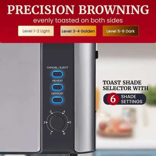 Alt view image 4 of 7 - ECT3200 2-Slice, 1 Long Slot, Slim Toaster, Reheat, 6 Toast Settings, Defrost, Cancel Functions, Built-in Warming Rack, Extra Wide Slots for Bagels Waffles, Stainless Steel & Black