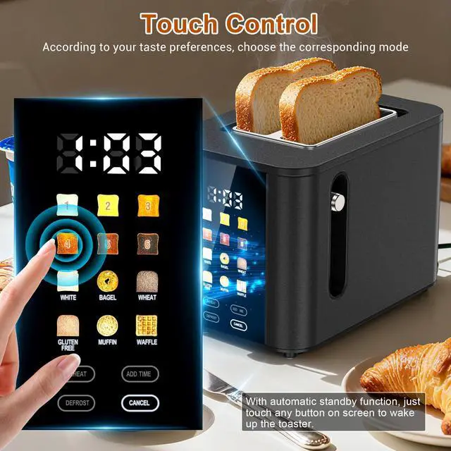 Alt view image 2 of 7 - Touch Screen Toaster 2 Slice Black Toaster with Digital Countdown Wide Slot LCD Display 2 Slice Toasters Smart Toasters 6 Shade Settings 6 Bread Type with Reheat/Add Time/Defrost/Cancel Function