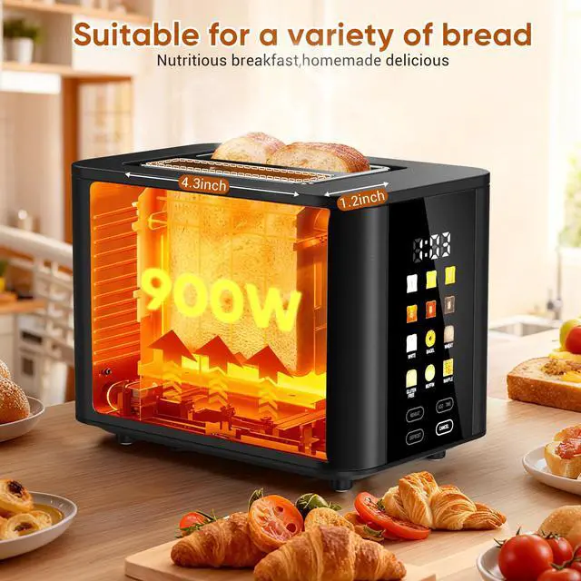 Alt view image 3 of 7 - Touch Screen Toaster 2 Slice Black Toaster with Digital Countdown Wide Slot LCD Display 2 Slice Toasters Smart Toasters 6 Shade Settings 6 Bread Type with Reheat/Add Time/Defrost/Cancel Function
