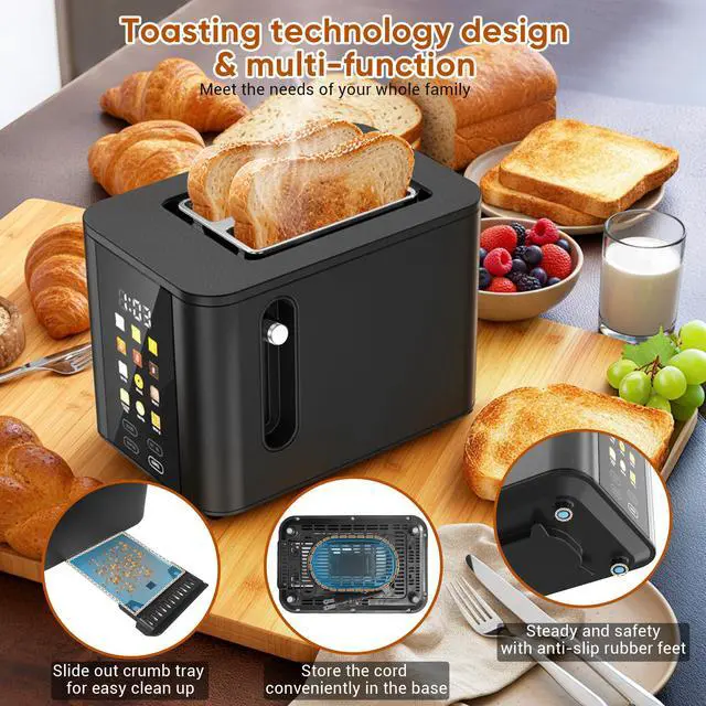 Alt view image 6 of 7 - Touch Screen Toaster 2 Slice Black Toaster with Digital Countdown Wide Slot LCD Display 2 Slice Toasters Smart Toasters 6 Shade Settings 6 Bread Type with Reheat/Add Time/Defrost/Cancel Function