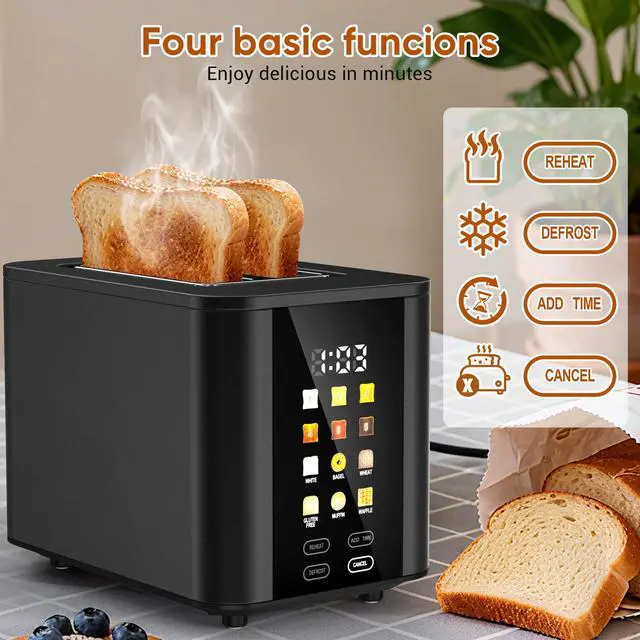 Alt view image 4 of 7 - Touch Screen Toaster 2 Slice Black Toaster with Digital Countdown Wide Slot LCD Display 2 Slice Toasters Smart Toasters 6 Shade Settings 6 Bread Type with Reheat/Add Time/Defrost/Cancel Function