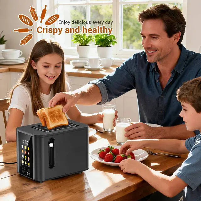 Alt view image 7 of 7 - Touch Screen Toaster 2 Slice Black Toaster with Digital Countdown Wide Slot LCD Display 2 Slice Toasters Smart Toasters 6 Shade Settings 6 Bread Type with Reheat/Add Time/Defrost/Cancel Function
