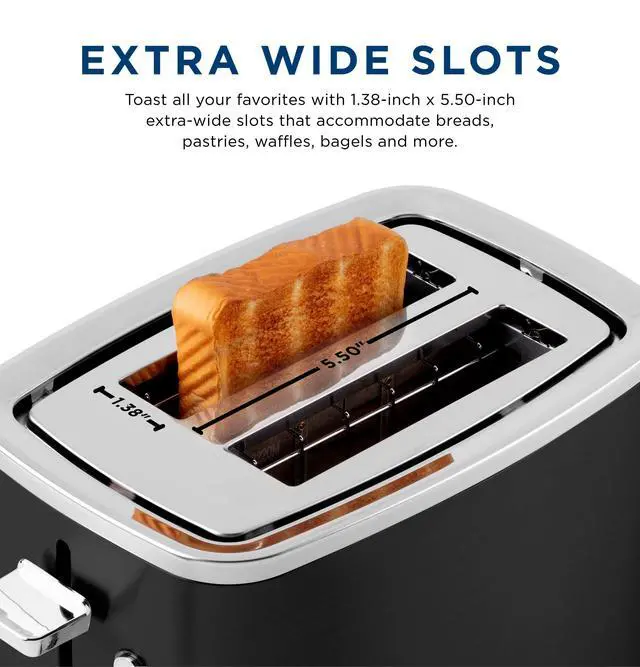 Alt view image 3 of 7 - 2 Slice Black Stainless Steel Toaster, Extra Wide Slots for Toasting Bagels, Breads, Waffles & More, 7 Adjustable Shade Settings, Removable Crumb Tray, Countertop Kitchen Essentials, 850 Watts
