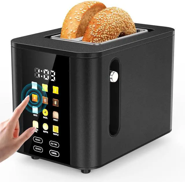 Main image of Touch Screen Toaster 2 Slice Black Toaster with Digital Countdown Wide Slot LCD Display 2 Slice Toasters Smart Toasters 6 Shade Settings 6 Bread Type with Reheat/Add Time/Defrost/Cancel Function
