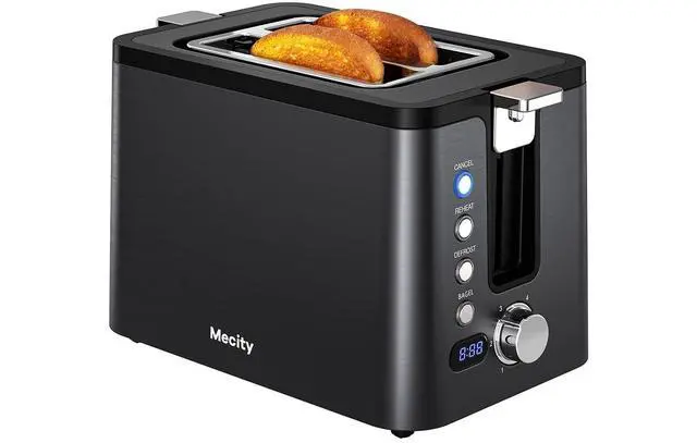 Main image of Toaster 2 Slice Stainless Steel Body, Timer, Bagel, Defrost, Reheat, Cancel Functions, Warming Rack, Removable Tray, 6 Browning Settings, Extra Wide Slots, Bread Toaster, 120V 800W Black