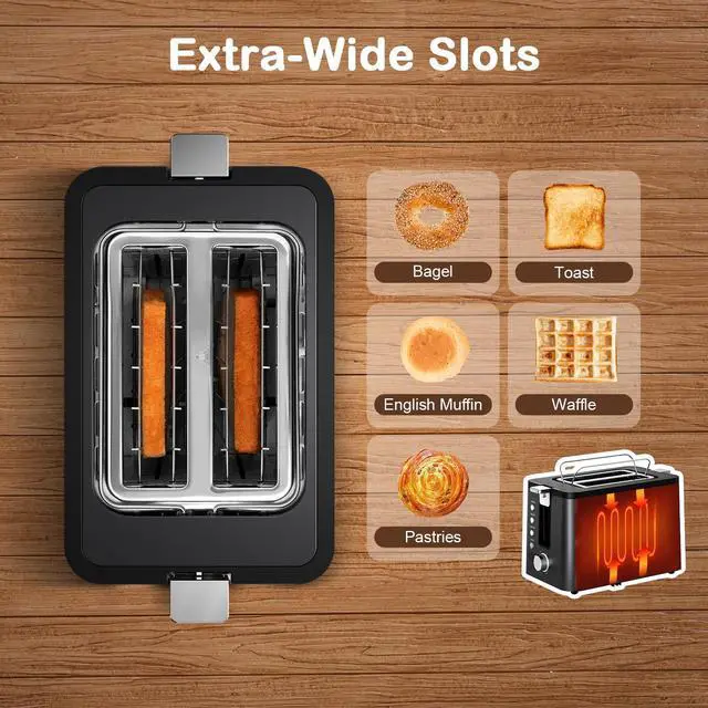 Alt view image 4 of 7 - Toaster 2 Slice Stainless Steel Body, Timer, Bagel, Defrost, Reheat, Cancel Functions, Warming Rack, Removable Tray, 6 Browning Settings, Extra Wide Slots, Bread Toaster, 120V 800W Black