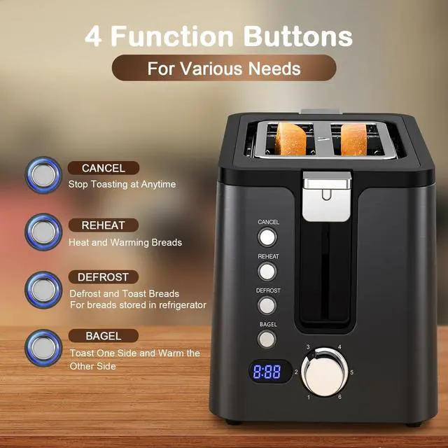 Alt view image 5 of 7 - Toaster 2 Slice Stainless Steel Body, Timer, Bagel, Defrost, Reheat, Cancel Functions, Warming Rack, Removable Tray, 6 Browning Settings, Extra Wide Slots, Bread Toaster, 120V 800W Black