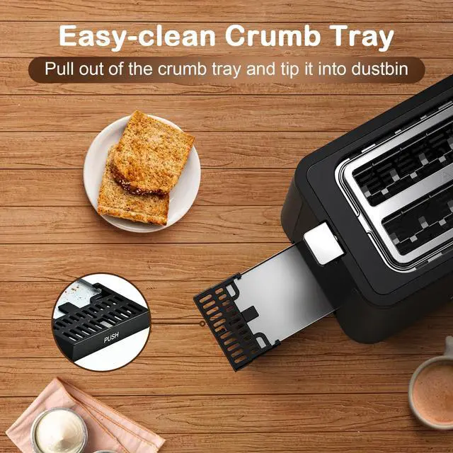 Alt view image 7 of 7 - Toaster 2 Slice Stainless Steel Body, Timer, Bagel, Defrost, Reheat, Cancel Functions, Warming Rack, Removable Tray, 6 Browning Settings, Extra Wide Slots, Bread Toaster, 120V 800W Black