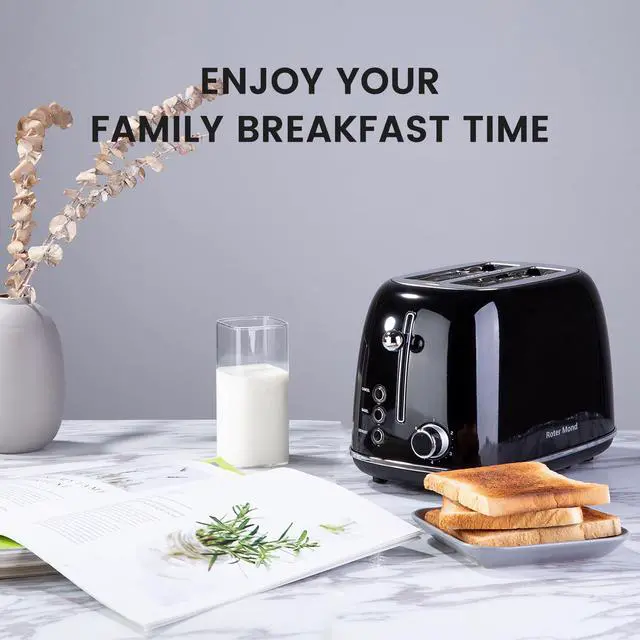 Alt view image 2 of 7 - 2 Slice Toaster Retro Stainless Steel with Bagel, Cancel, and Defrost Functions, 6 Bread Shade Settings, Extra Wide Slots and Removable Crumb Tray, Black