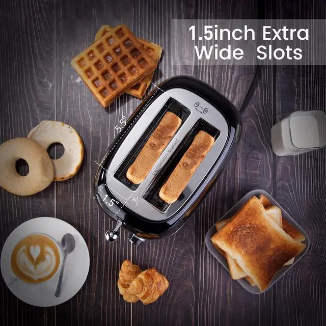 Alt view image 3 of 7 - 2 Slice Toaster Retro Stainless Steel with Bagel, Cancel, and Defrost Functions, 6 Bread Shade Settings, Extra Wide Slots and Removable Crumb Tray, Black