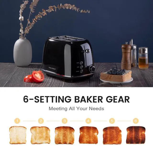 Alt view image 4 of 7 - 2 Slice Toaster Retro Stainless Steel with Bagel, Cancel, and Defrost Functions, 6 Bread Shade Settings, Extra Wide Slots and Removable Crumb Tray, Black