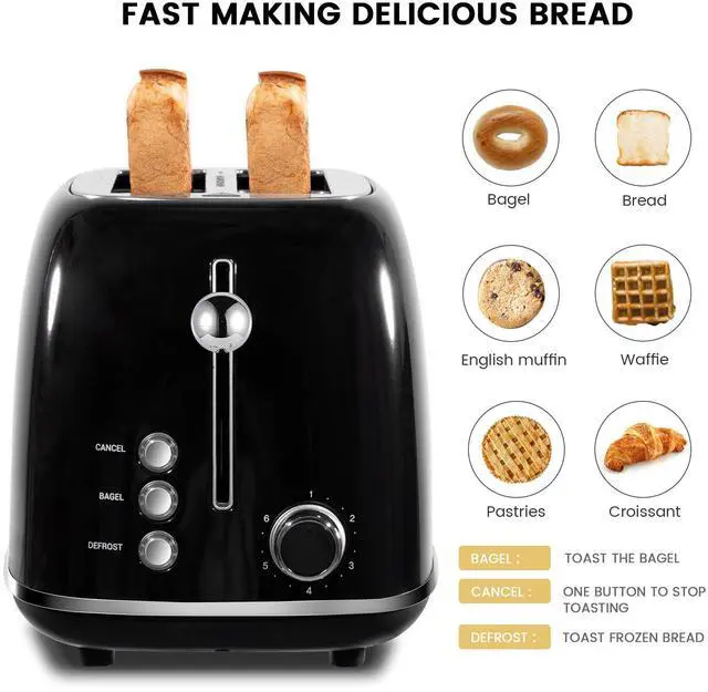 Alt view image 5 of 7 - 2 Slice Toaster Retro Stainless Steel with Bagel, Cancel, and Defrost Functions, 6 Bread Shade Settings, Extra Wide Slots and Removable Crumb Tray, Black