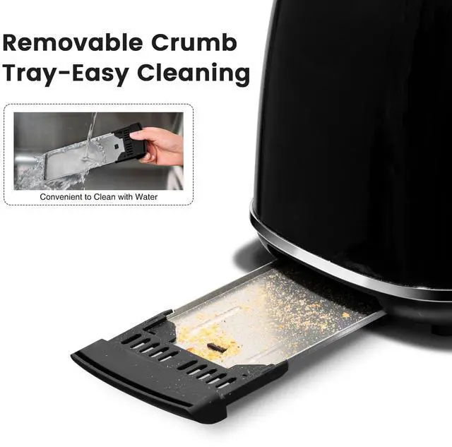 Alt view image 6 of 7 - 2 Slice Toaster Retro Stainless Steel with Bagel, Cancel, and Defrost Functions, 6 Bread Shade Settings, Extra Wide Slots and Removable Crumb Tray, Black