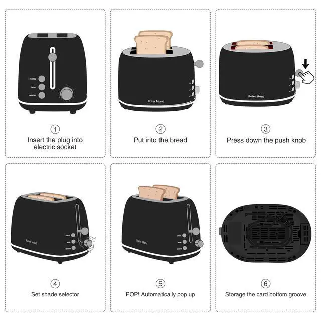 Alt view image 7 of 7 - 2 Slice Toaster Retro Stainless Steel with Bagel, Cancel, and Defrost Functions, 6 Bread Shade Settings, Extra Wide Slots and Removable Crumb Tray, Black
