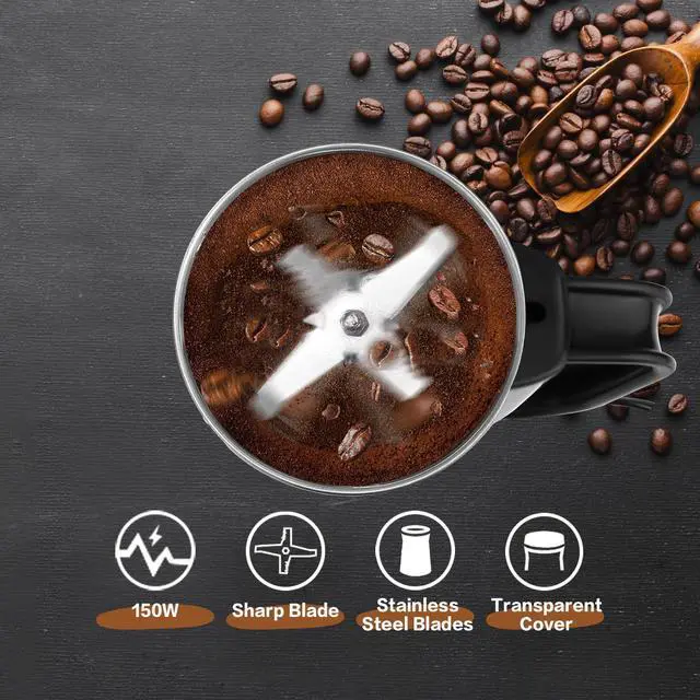 Alt view image 4 of 6 - Electric Coffee Grinder & Spice Grinder, 150W Fast Grinding with Stainless Steel Blades | for Coffee Beans, Spices, Seeds, Herbs | Dry Food Mill | Mini Kitchen Grinder (With handle)