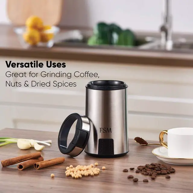 Alt view image 2 of 7 - Electric Coffee Grinder and Spice Mill with Safety Lock System Rustproof Stainless Steel with Transparent Lid and Gripping Base Grind Whole Beans, Seeds, Nuts, Herbs and Flaxseed -1.76 Oz.