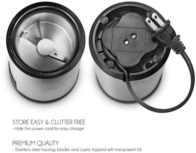 Alt view image 4 of 7 - Electric Coffee Grinder and Spice Mill with Safety Lock System Rustproof Stainless Steel with Transparent Lid and Gripping Base Grind Whole Beans, Seeds, Nuts, Herbs and Flaxseed -1.76 Oz.