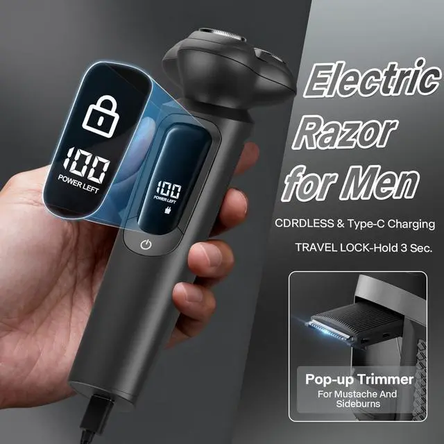 Alt view image 7 of 7 - Electric Razor for Men, IPX8 Waterproof with Type-C Quick Charge, 3D Flex Blades & Pop-Up Trimmer, 90 min Runtime, Travel Lock, Wet & Dry Shave, Elegant Gray