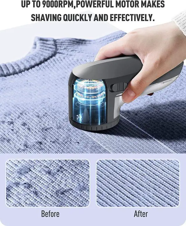 Alt view image 3 of 7 - Fabric Shaver Defuzzer, Electric Lint Remover, Rechargeable Sweater Shaver with Stainless Steel 3-Leaf Blades, Dual Protection, Removable Bin, Easy Remove Fuzz, Lint, Pills, Bobbles