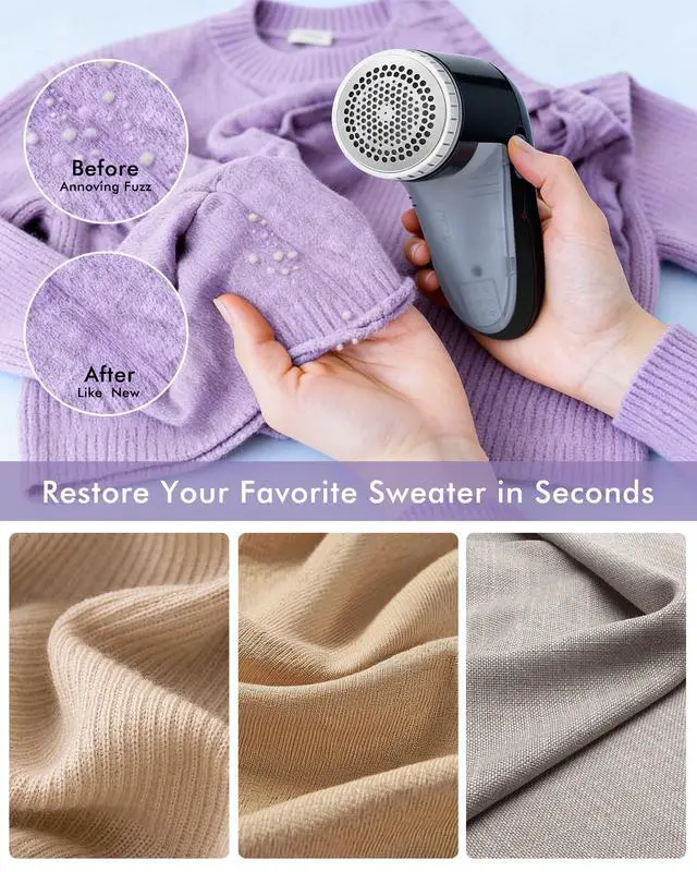 Alt view image 6 of 7 - Fabric Shaver Defuzzer, Electric Lint Remover, Rechargeable Sweater Shaver with Stainless Steel 3-Leaf Blades, Dual Protection, Removable Bin, Easy Remove Fuzz, Lint, Pills, Bobbles