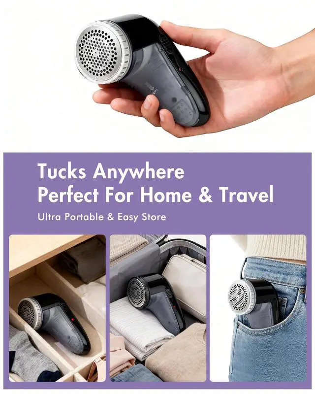 Alt view image 7 of 7 - Fabric Shaver Defuzzer, Electric Lint Remover, Rechargeable Sweater Shaver with Stainless Steel 3-Leaf Blades, Dual Protection, Removable Bin, Easy Remove Fuzz, Lint, Pills, Bobbles