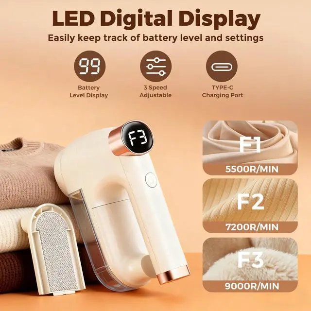Alt view image 3 of 7 - Fabric Shaver, Lint Shaver with Lint Brush, 3-Speed Sweater Shaver to Remove Pilling for Clothing, 6 Leaf Blade, LED Display, Electric Lint Remover for Furniture, Blanket, Couch (Beige)