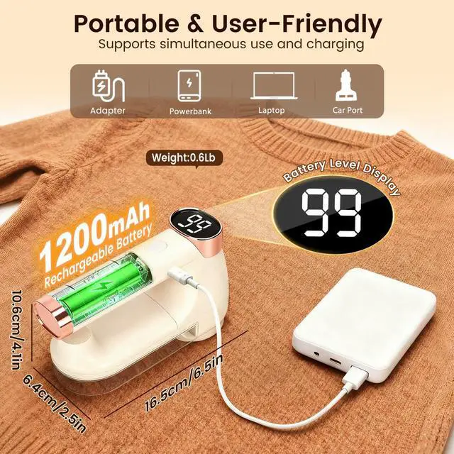 Alt view image 6 of 7 - Fabric Shaver, Lint Shaver with Lint Brush, 3-Speed Sweater Shaver to Remove Pilling for Clothing, 6 Leaf Blade, LED Display, Electric Lint Remover for Furniture, Blanket, Couch (Beige)