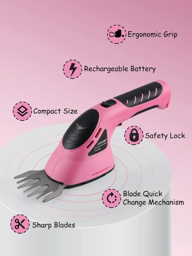 Alt view image 2 of 7 - 2-in-1 Electric Hand Held Grass Shear Pink Hedge Trimmer Shrubbery Clipper Cordless Battery Powered Rechargeable for Garden and Lawn, CGS3602PK Pink