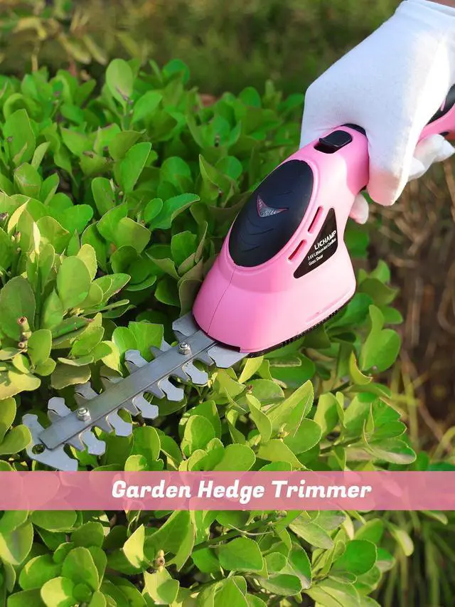 Alt view image 3 of 7 - 2-in-1 Electric Hand Held Grass Shear Pink Hedge Trimmer Shrubbery Clipper Cordless Battery Powered Rechargeable for Garden and Lawn, CGS3602PK Pink