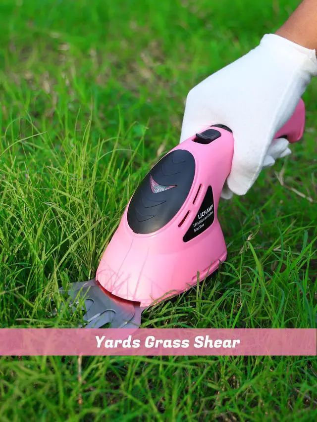 Alt view image 4 of 7 - 2-in-1 Electric Hand Held Grass Shear Pink Hedge Trimmer Shrubbery Clipper Cordless Battery Powered Rechargeable for Garden and Lawn, CGS3602PK Pink