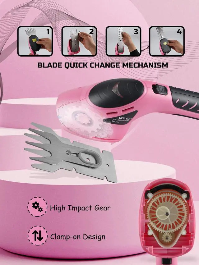 Alt view image 5 of 7 - 2-in-1 Electric Hand Held Grass Shear Pink Hedge Trimmer Shrubbery Clipper Cordless Battery Powered Rechargeable for Garden and Lawn, CGS3602PK Pink