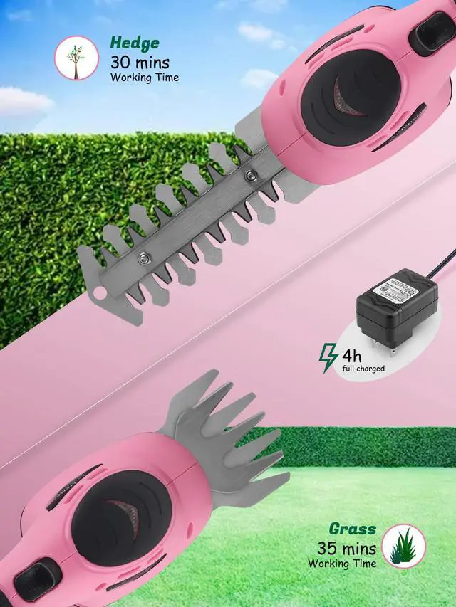 Alt view image 7 of 7 - 2-in-1 Electric Hand Held Grass Shear Pink Hedge Trimmer Shrubbery Clipper Cordless Battery Powered Rechargeable for Garden and Lawn, CGS3602PK Pink