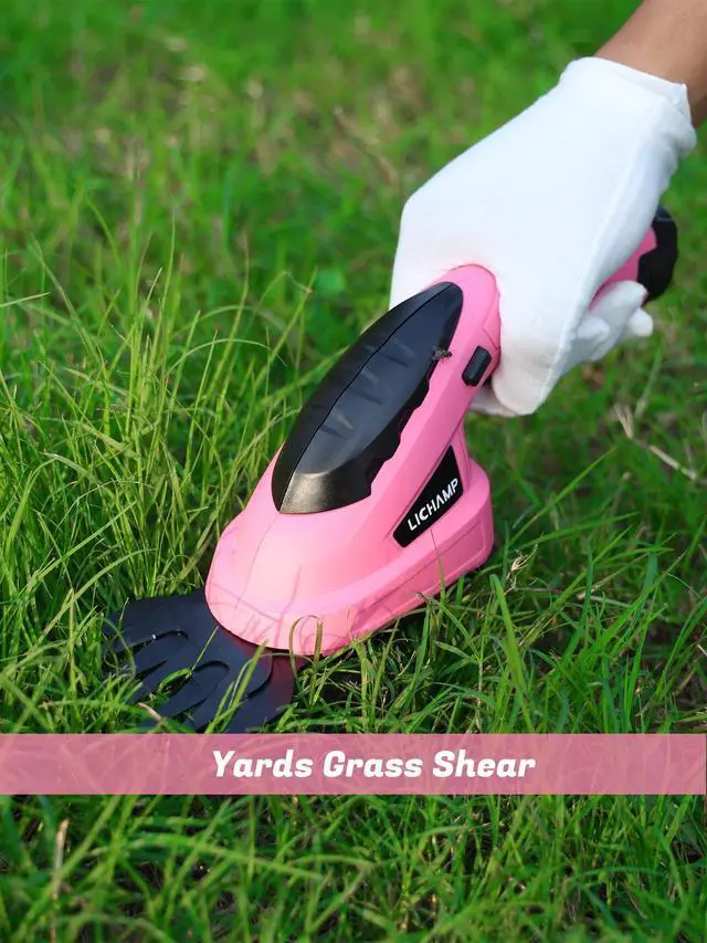 Alt view image 4 of 7 - 2-in-1 Electric Hand Held Grass Shear Pink Hedge Trimmer Shrubbery Clipper Cordless Battery Powered Rechargeable for Garden and Lawn, CGS3601PK Pink
