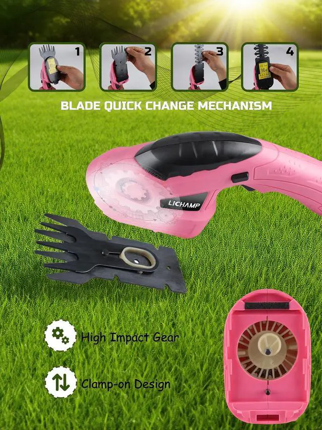 Alt view image 5 of 7 - 2-in-1 Electric Hand Held Grass Shear Pink Hedge Trimmer Shrubbery Clipper Cordless Battery Powered Rechargeable for Garden and Lawn, CGS3601PK Pink