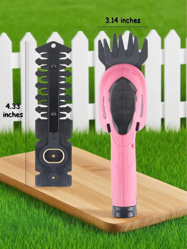 Alt view image 6 of 7 - 2-in-1 Electric Hand Held Grass Shear Pink Hedge Trimmer Shrubbery Clipper Cordless Battery Powered Rechargeable for Garden and Lawn, CGS3601PK Pink