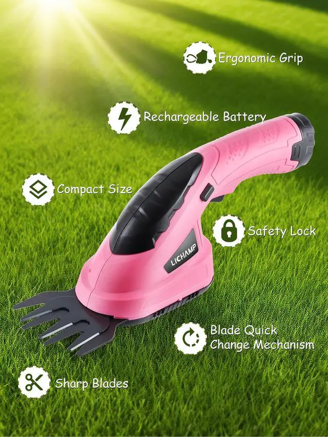 Alt view image 2 of 7 - 2-in-1 Electric Hand Held Grass Shear Pink Hedge Trimmer Shrubbery Clipper Cordless Battery Powered Rechargeable for Garden and Lawn, CGS3601PK Pink