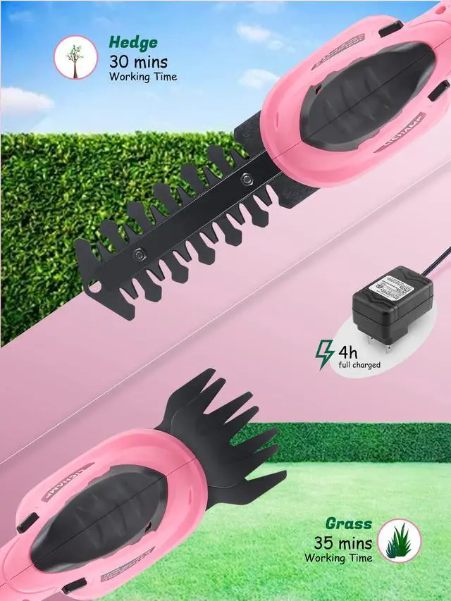 Alt view image 7 of 7 - 2-in-1 Electric Hand Held Grass Shear Pink Hedge Trimmer Shrubbery Clipper Cordless Battery Powered Rechargeable for Garden and Lawn, CGS3601PK Pink