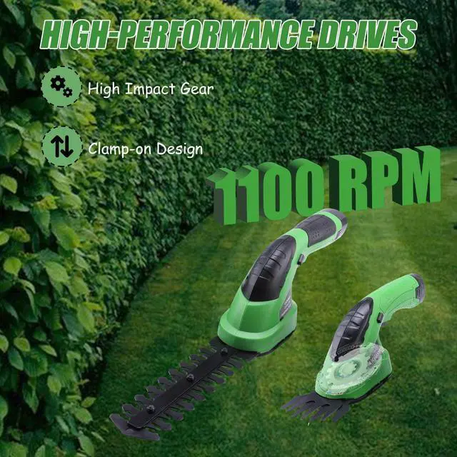 Alt view image 5 of 7 - 2-in-1 Electric Hand Held Grass Shear Hedge Trimmer Shrubbery Clipper Cordless Battery Powered Rechargeable for Garden and Lawn, CGS-3601 Grass Green