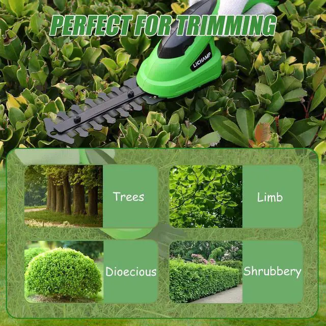 Alt view image 6 of 7 - 2-in-1 Electric Hand Held Grass Shear Hedge Trimmer Shrubbery Clipper Cordless Battery Powered Rechargeable for Garden and Lawn, CGS-3601 Grass Green