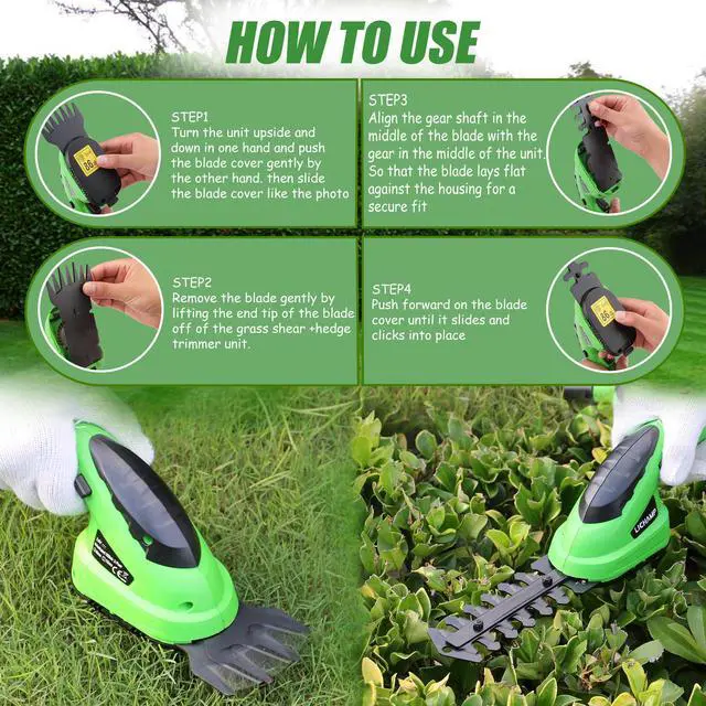 Alt view image 7 of 7 - 2-in-1 Electric Hand Held Grass Shear Hedge Trimmer Shrubbery Clipper Cordless Battery Powered Rechargeable for Garden and Lawn, CGS-3601 Grass Green