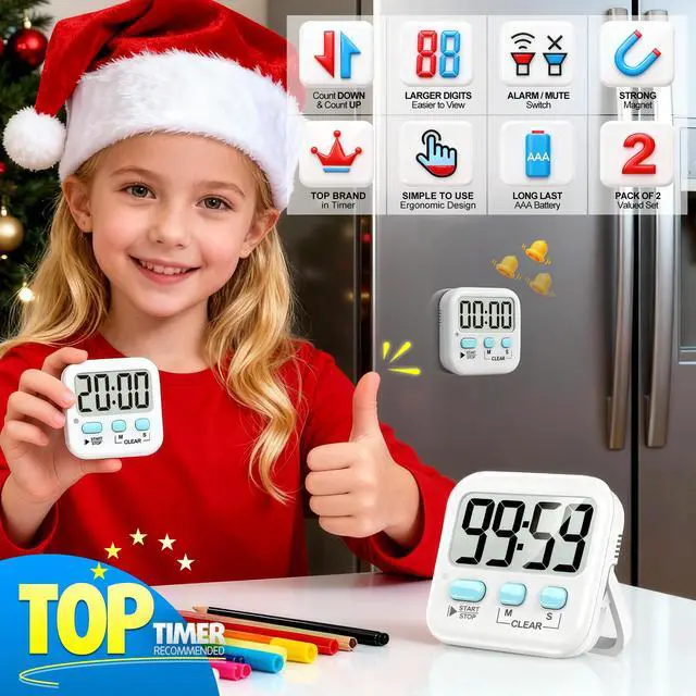 Alt view image 2 of 7 - 2 Pack Digital Timer for Kids, Magnetic Countdown Kitchen Timers for Cooking, Egg, Classroom, Teacher, Exercise, Study, Oven - Battery Included