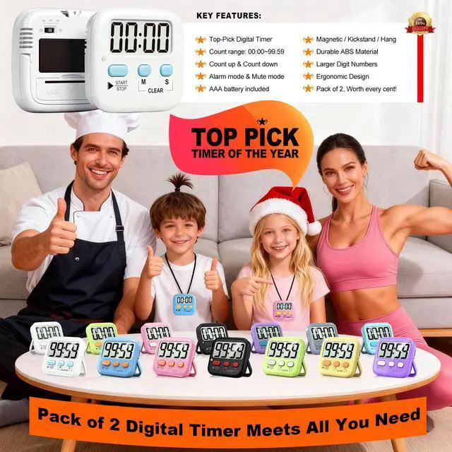 Alt view image 7 of 7 - 2 Pack Digital Timer for Kids, Magnetic Countdown Kitchen Timers for Cooking, Egg, Classroom, Teacher, Exercise, Study, Oven - Battery Included
