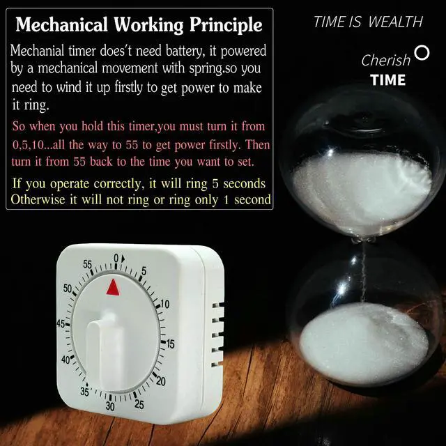 Alt view image 6 of 7 - Square 60 Minute Mechanical Kitchen Timer - Visual Kitchen Cooking Timer Clock with Loud Alarm - No Batteries Required-Manual Countdown Timer for Classroom, Home, Study and Cooking (White)