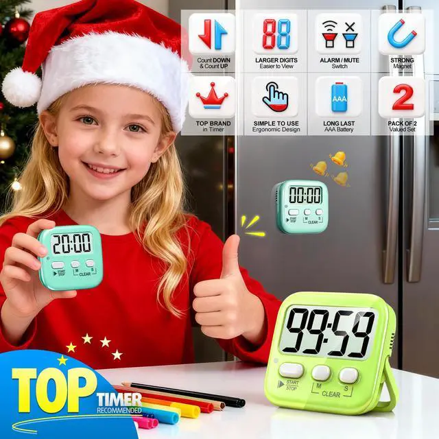 Alt view image 2 of 7 - 2 Pack Digital Timer for Kids, Magnetic Countdown Kitchen Timers for Cooking, Egg, Classroom, Teacher, Exercise, Study, Oven - Battery Included