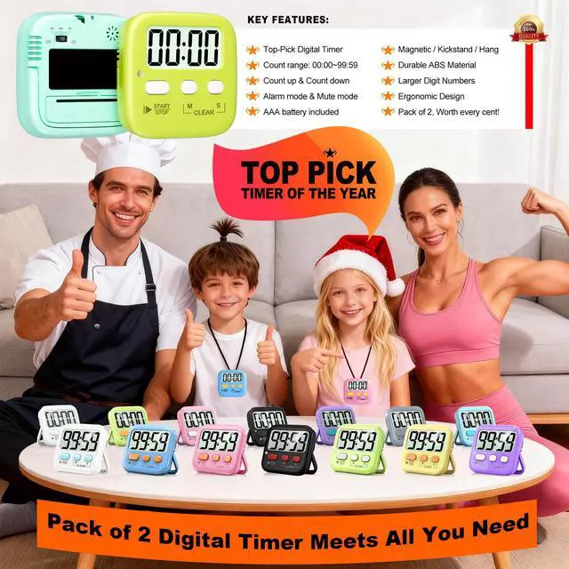Alt view image 7 of 7 - 2 Pack Digital Timer for Kids, Magnetic Countdown Kitchen Timers for Cooking, Egg, Classroom, Teacher, Exercise, Study, Oven - Battery Included