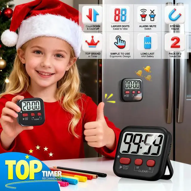 Alt view image 2 of 7 - 2 Pack Digital Timer for Kids, Magnetic Countdown Kitchen Timers for Cooking, Egg, Classroom, Teacher, Exercise, Study, Oven - Battery Included