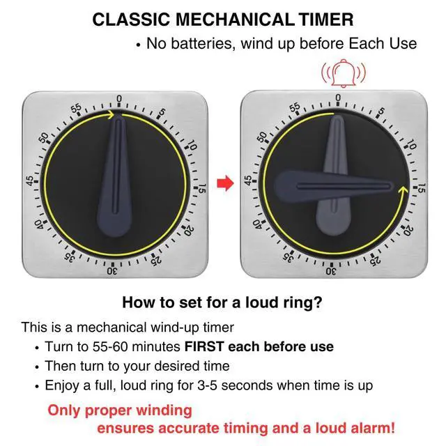 Alt view image 2 of 7 - Mechanical Kitchen Timer Magnetic with Loud Alarm, 60-Minute Manual Wind Up Analog Countdown Timer with Stainless Steel Scale, No Batteries for Chef Cooking, Baking, Egg, Oven, Seniors