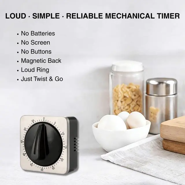 Alt view image 6 of 7 - Mechanical Kitchen Timer Magnetic with Loud Alarm, 60-Minute Manual Wind Up Analog Countdown Timer with Stainless Steel Scale, No Batteries for Chef Cooking, Baking, Egg, Oven, Seniors
