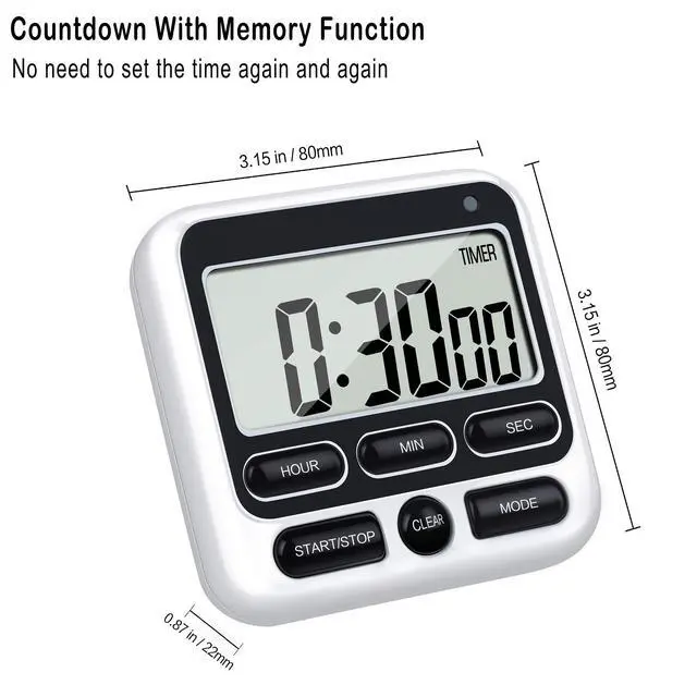 Alt view image 5 of 7 - Digital Kitchen Timer with Mute/Loud Alarm Switch ON/Off Switch, 12-Hour Clock & Alarm, Memory Function Count Up & Count Down for Kids Teachers Cooking, Large LCD Display, Strong Magnet (Black)